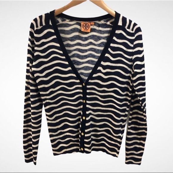 Tory Burch Striped Cardigan Silk Cashmere Knit Button Front Size Small - Picture 1 of 8